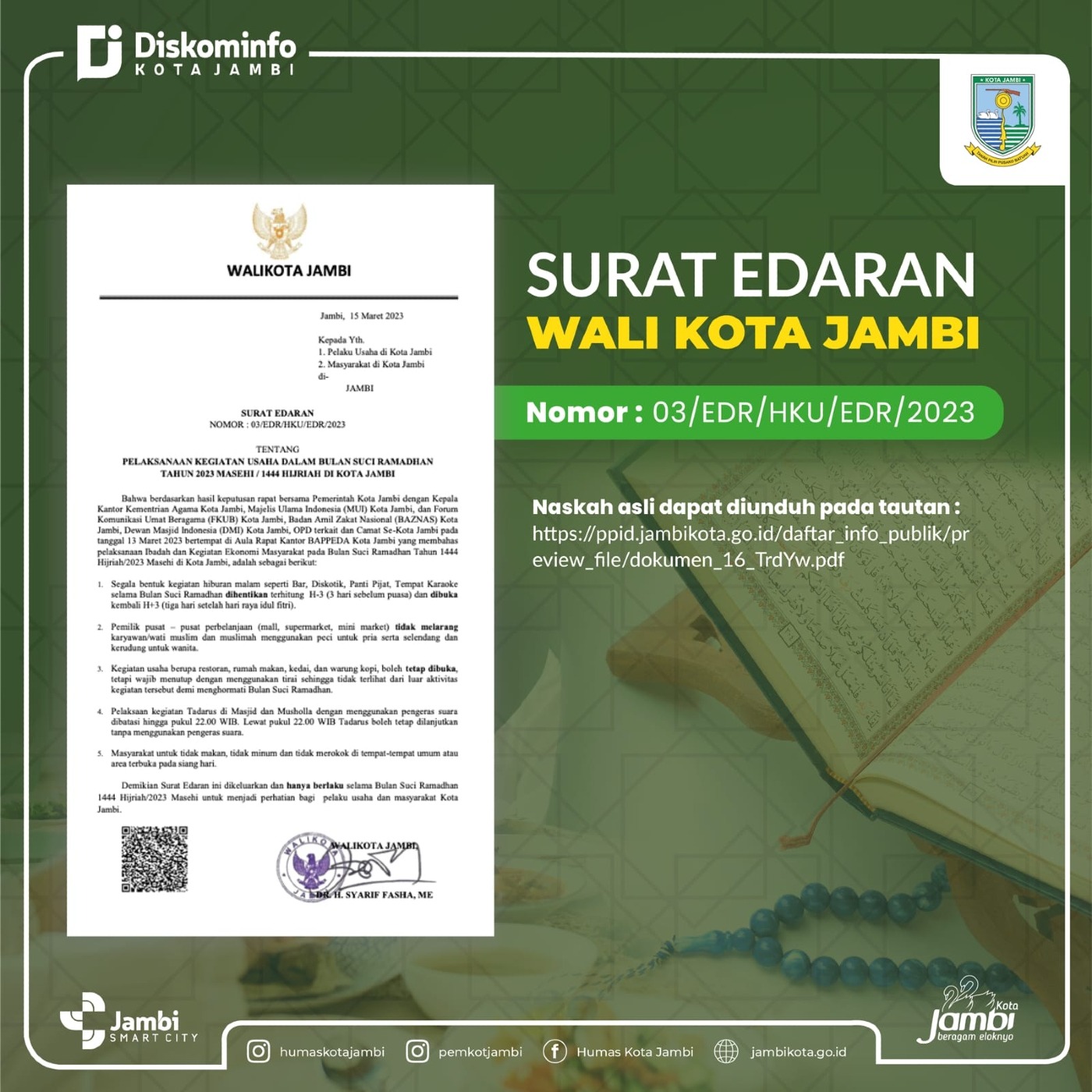 cover Pemkot Jambi Keluarkan Edaran Khusus Bagi Pelaku Usaha di Bulan Ramadan 1444 H