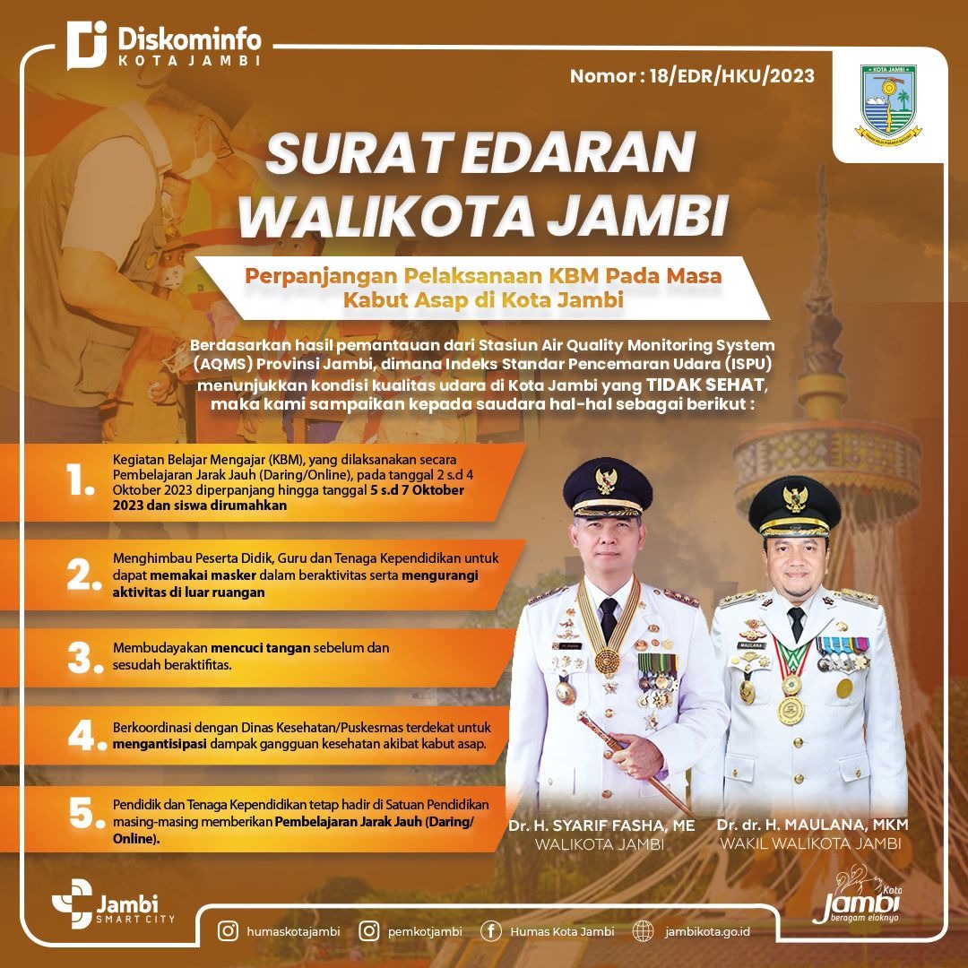 cover BREAKING NEWS..!!  Tanggap Darurat Asap, Pemkot Jambi Perpanjang Masa Pembelajaran Daring